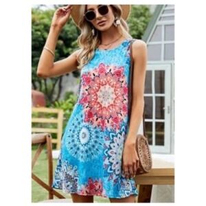 SimpleFun‎ Women's Blue Sleeveless Mandala Print Casual Summer Dress